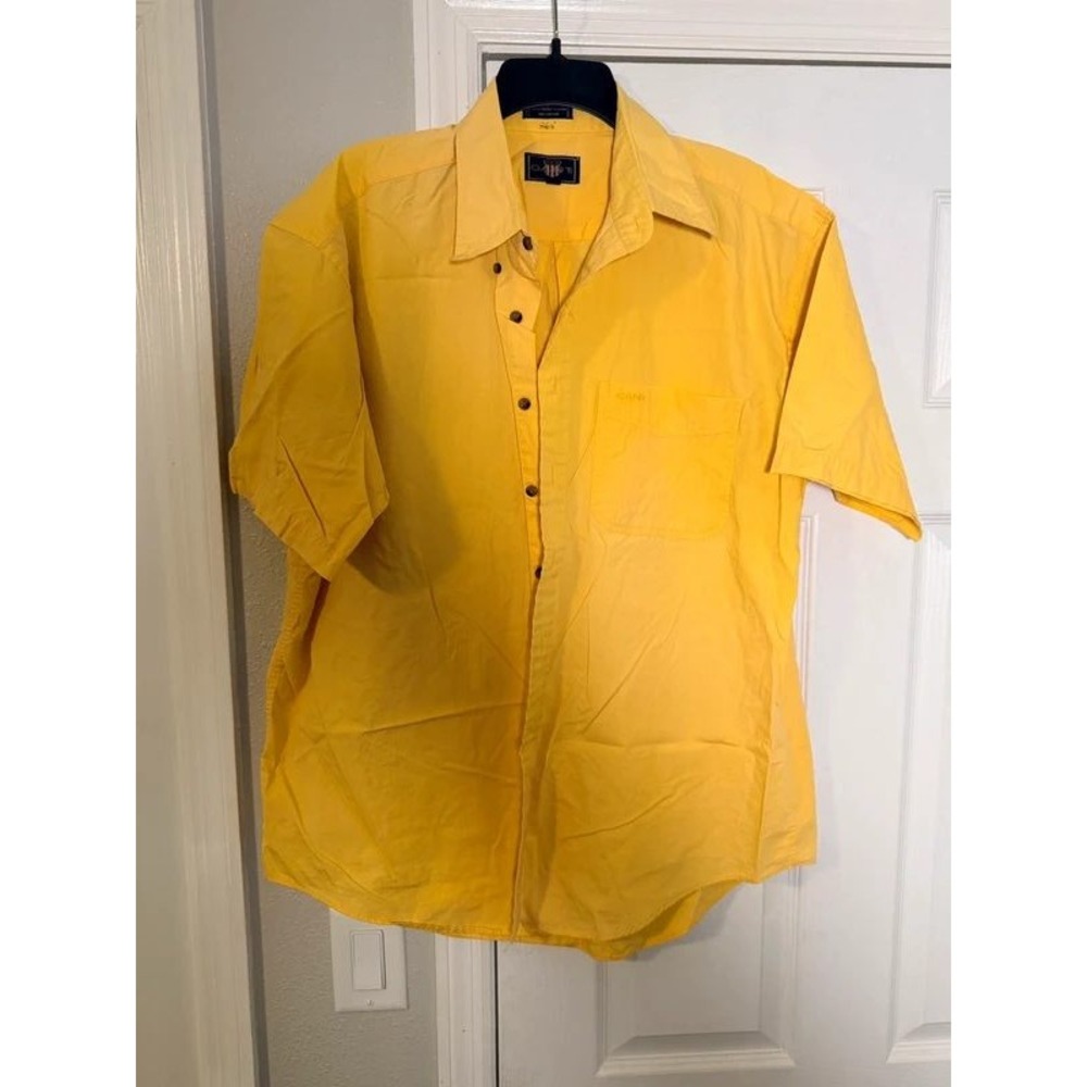 Vintage Gant Mens Yellow Short Sleeve Button Down Cotton Shirt Pocket Logo